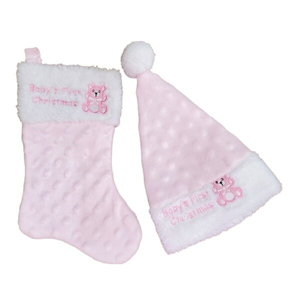 Baby's 1st Christmas Stocking & Hat Bear Pink White Plush Fur Holiday Santa Cap - Picture 2 of 7